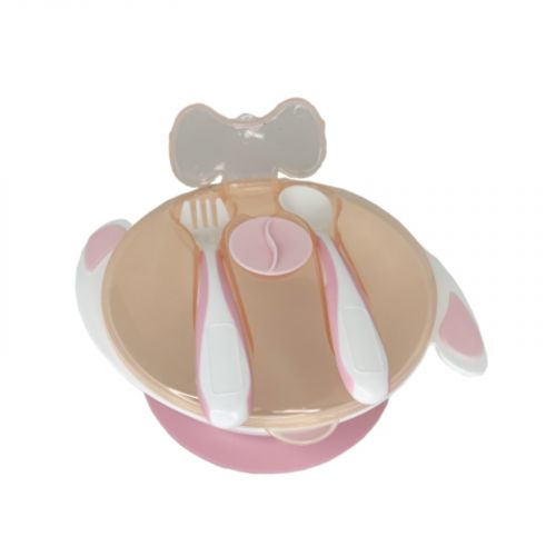 Тарілка на присосці з ложкою та виделкою (РОЖЕВА)