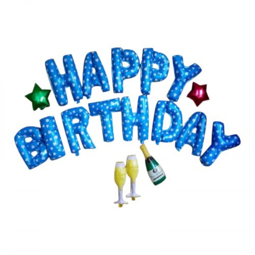 Набір фольгованих повітряних кульок Happy Birthday з келихами (БЛАКИТНИЙ)
